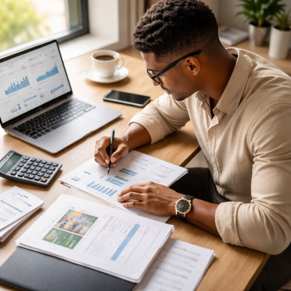 Expert immobilier en Guadeloupe analysant un dossier d'expertise